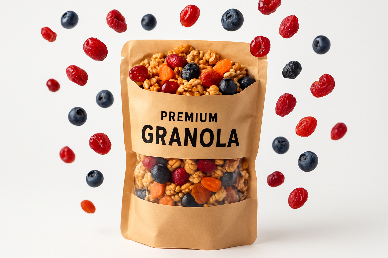 dry berries granola bag and the background white with berries fly